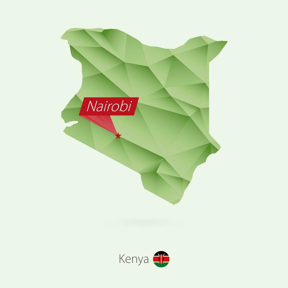 Green gradient low poly map of Kenya with capital Nairobi vector