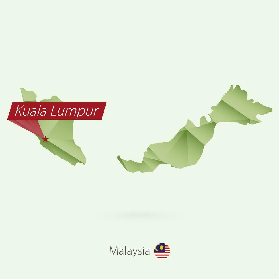 Green gradient low poly map of Malaysia with capital Kuala Lumpur vector