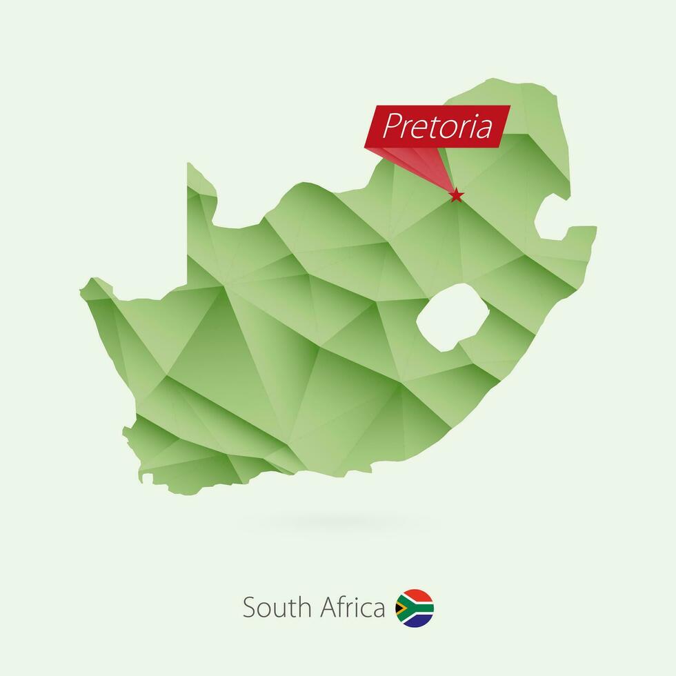 Green gradient low poly map of South Africa with capital Pretoria vector