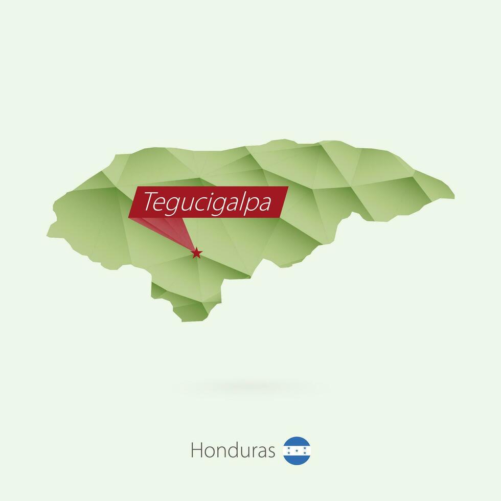Green gradient low poly map of Honduras with capital Tegucigalpa vector