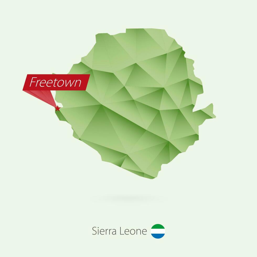 Green gradient low poly map of Sierra Leone with capital Freetown vector