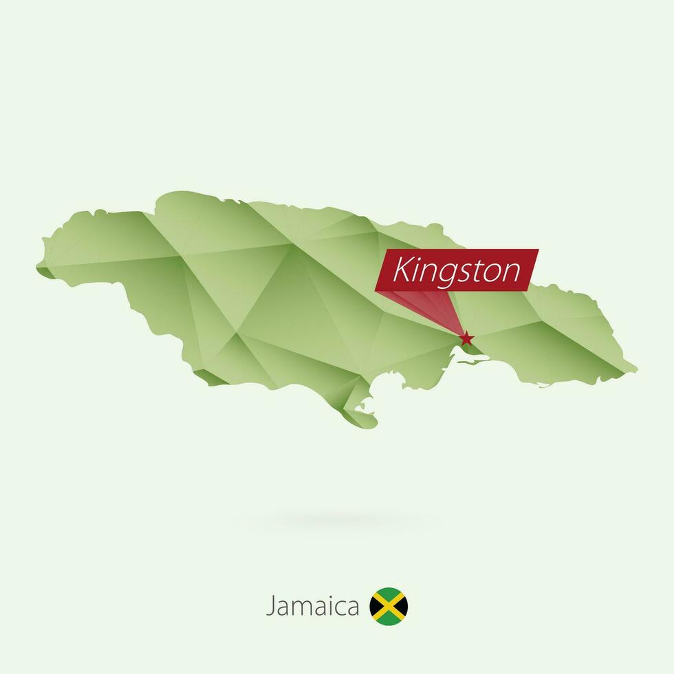 Green gradient low poly map of Jamaica with capital Kingston vector