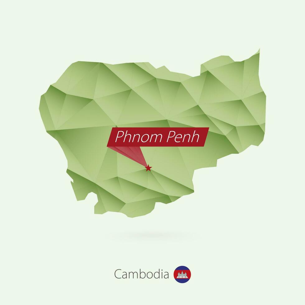 Green gradient low poly map of Cambodia with capital Phnom Penh vector