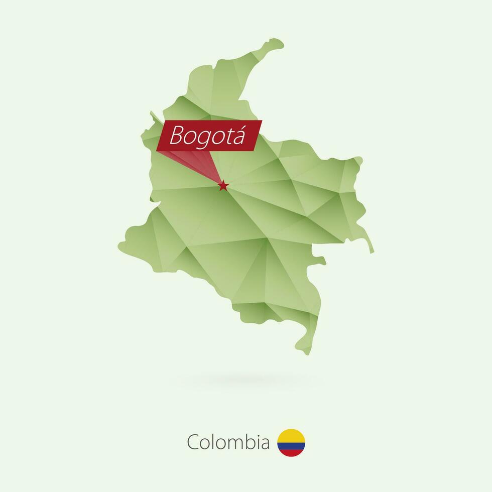 Green gradient low poly map of Colombia with capital Bogota vector