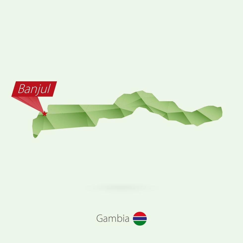 Green gradient low poly map of Gambia with capital Banjul vector