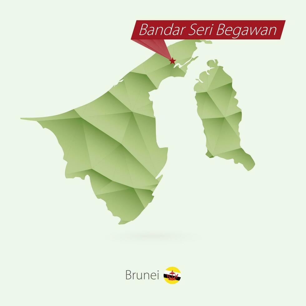 Green gradient low poly map of Brunei with capital Bandar Seri Begawan vector