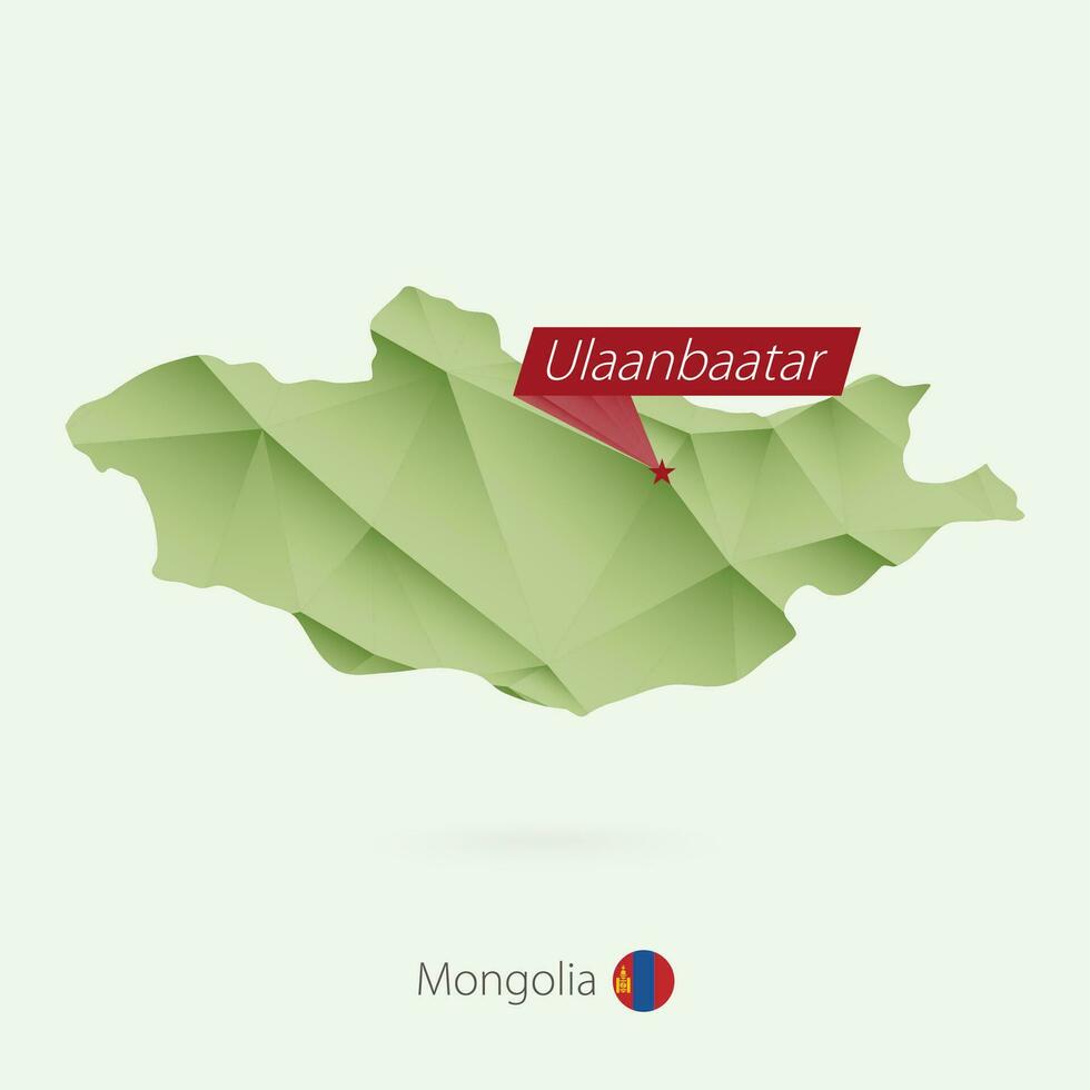 Green gradient low poly map of Mongolia with capital Ulaanbaatar vector