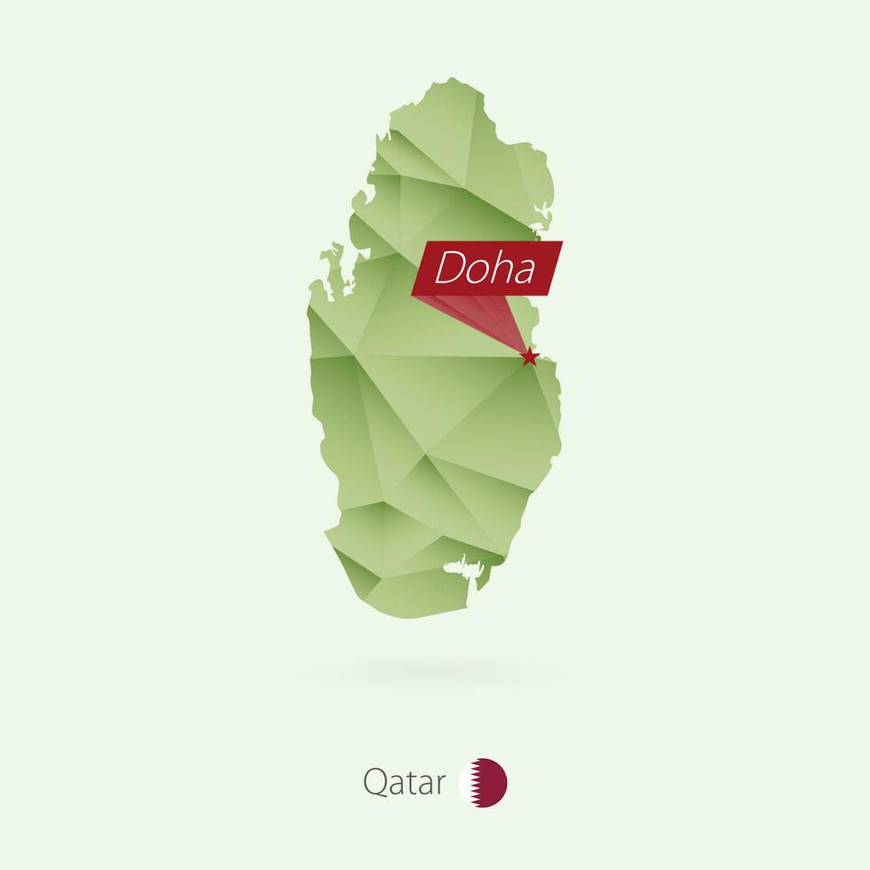 Green gradient low poly map of Qatar with capital Doha vector
