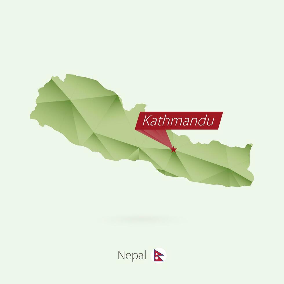 Green gradient low poly map of Nepal with capital Kathmandu vector