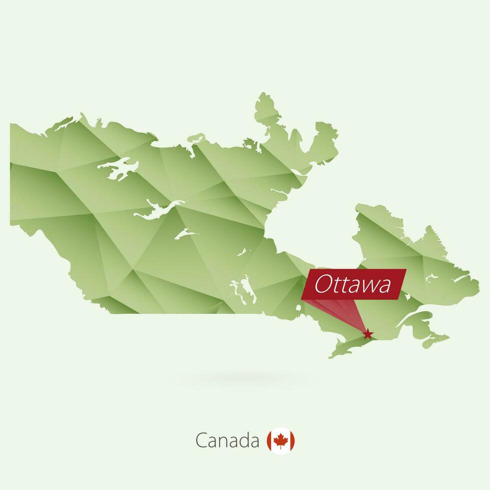 Green gradient low poly map of Canada with capital Ottawa vector