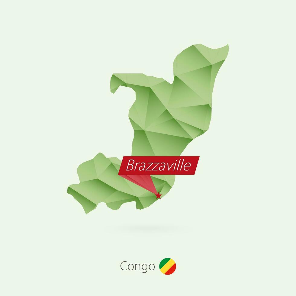 Green gradient low poly map of Congo with capital Brazzaville vector