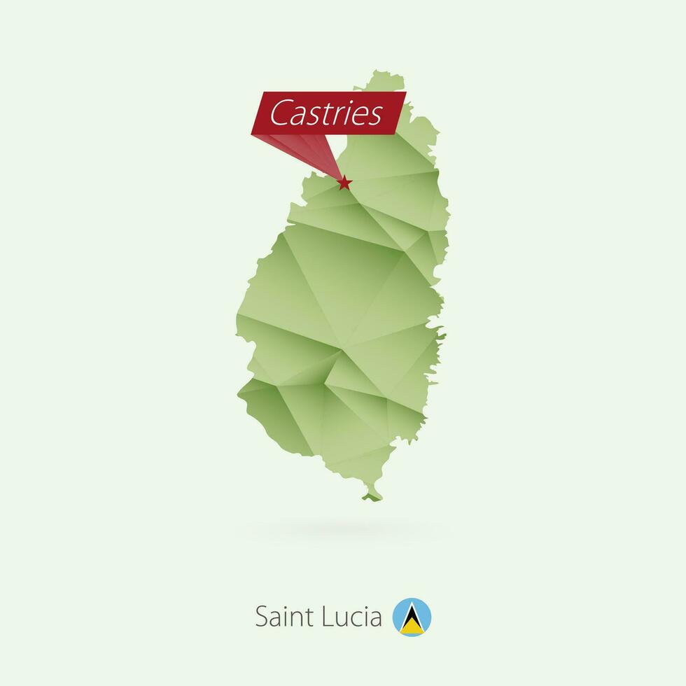 Green gradient low poly map of Saint Lucia with capital Castries vector