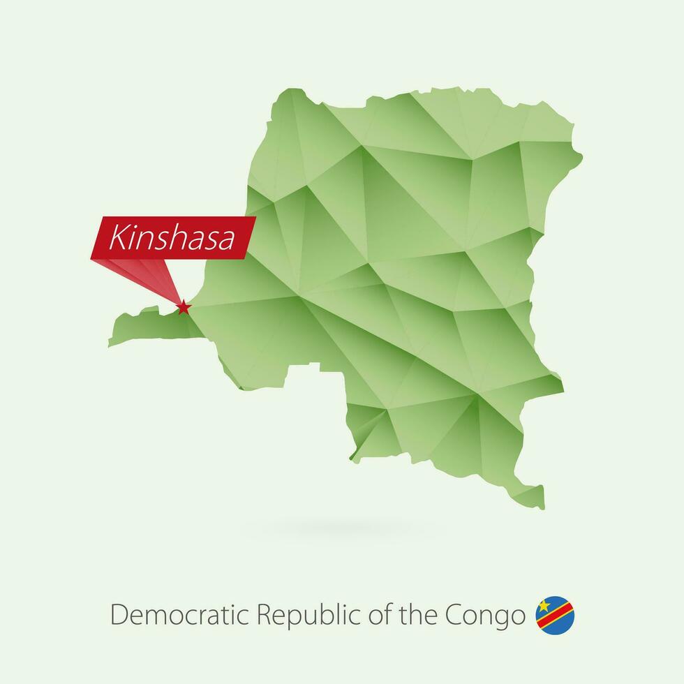 Green gradient low poly map of DR Congo with capital Kinshasa vector