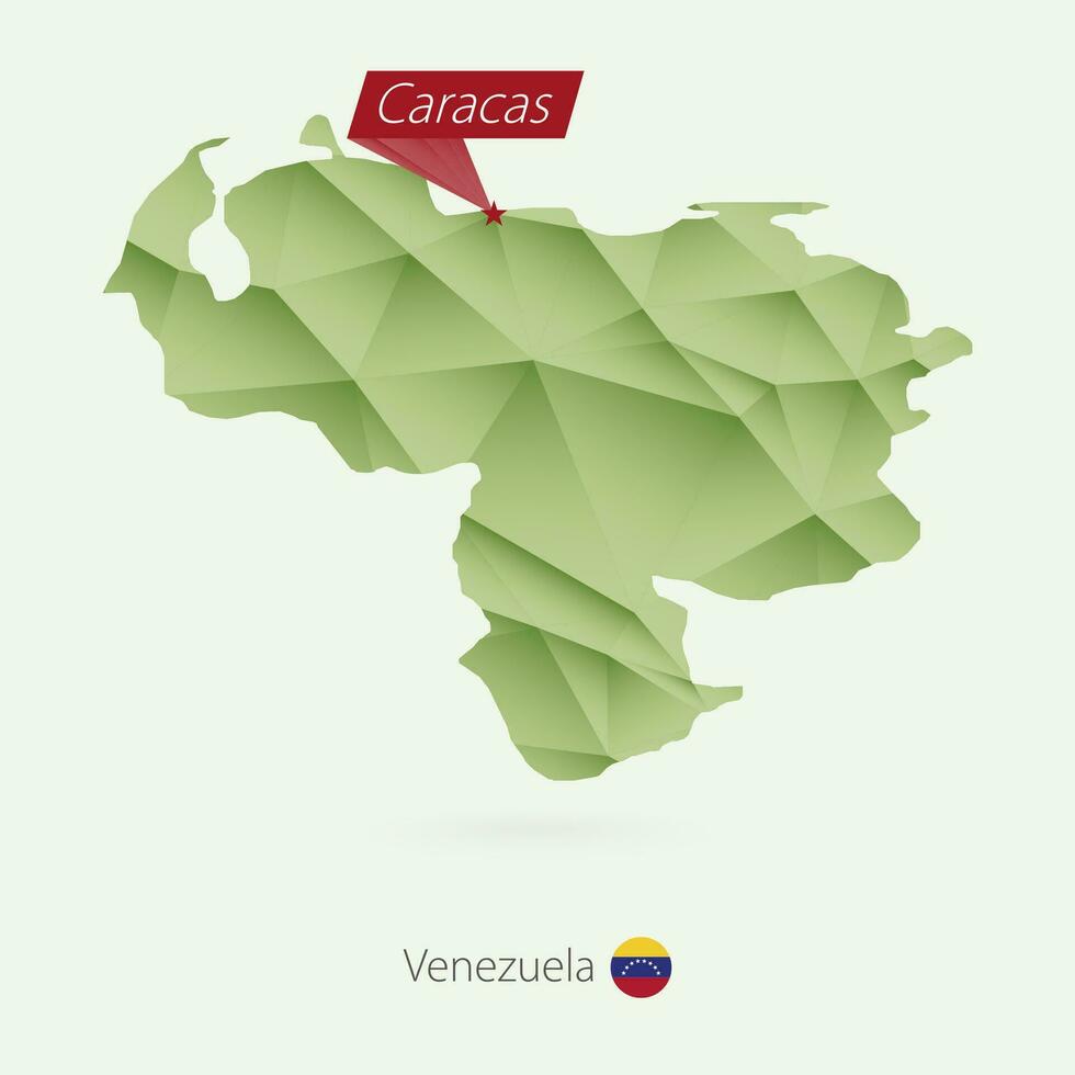 Green gradient low poly map of Venezuela with capital Caracas vector