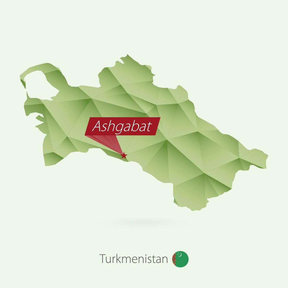 Green gradient low poly map of Turkmenistan with capital Ashgabat vector