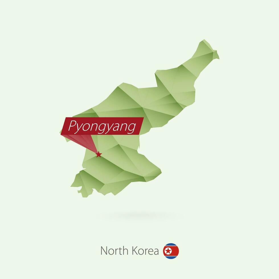 Green gradient low poly map of North Korea with capital Pyongyang vector