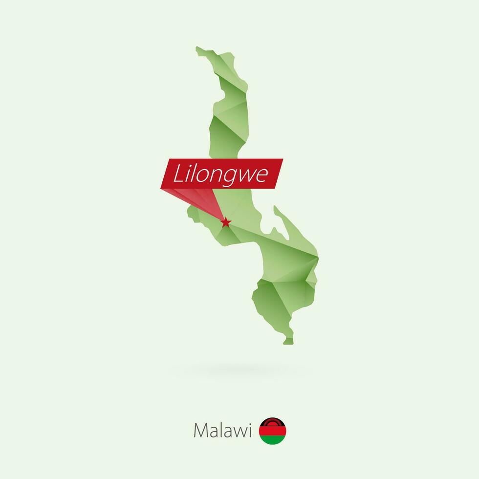 Green gradient low poly map of Malawi with capital Lilongwe vector