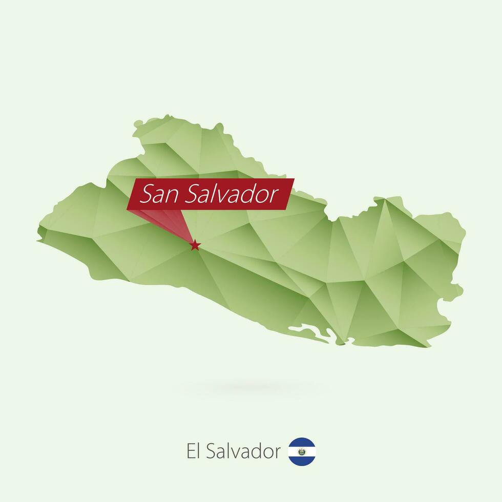 Green gradient low poly map of El Salvador with capital San Salvador vector