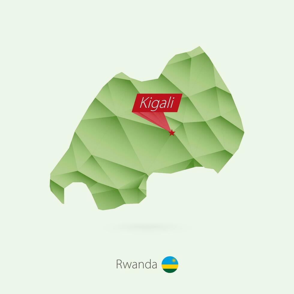 Green gradient low poly map of Rwanda with capital Kigali vector