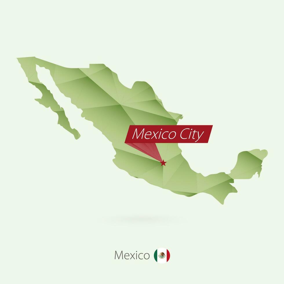 Green gradient low poly map of Mexico with capital Mexico City vector