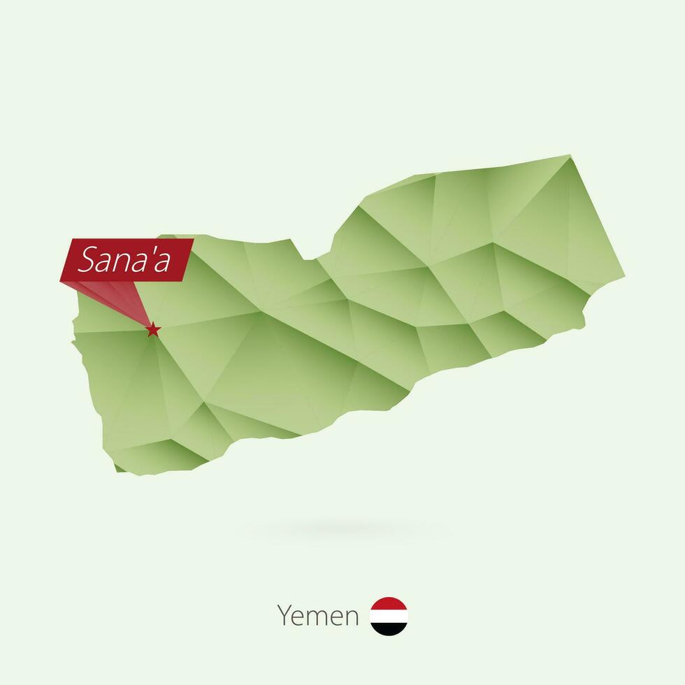 Green gradient low poly map of Yemen with capital Sana'a vector