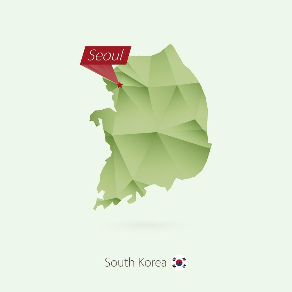 Green gradient low poly map of South Korea with capital Seoul vector