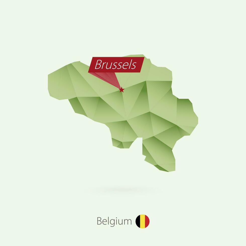 Green gradient low poly map of Belgium with capital Brussels vector