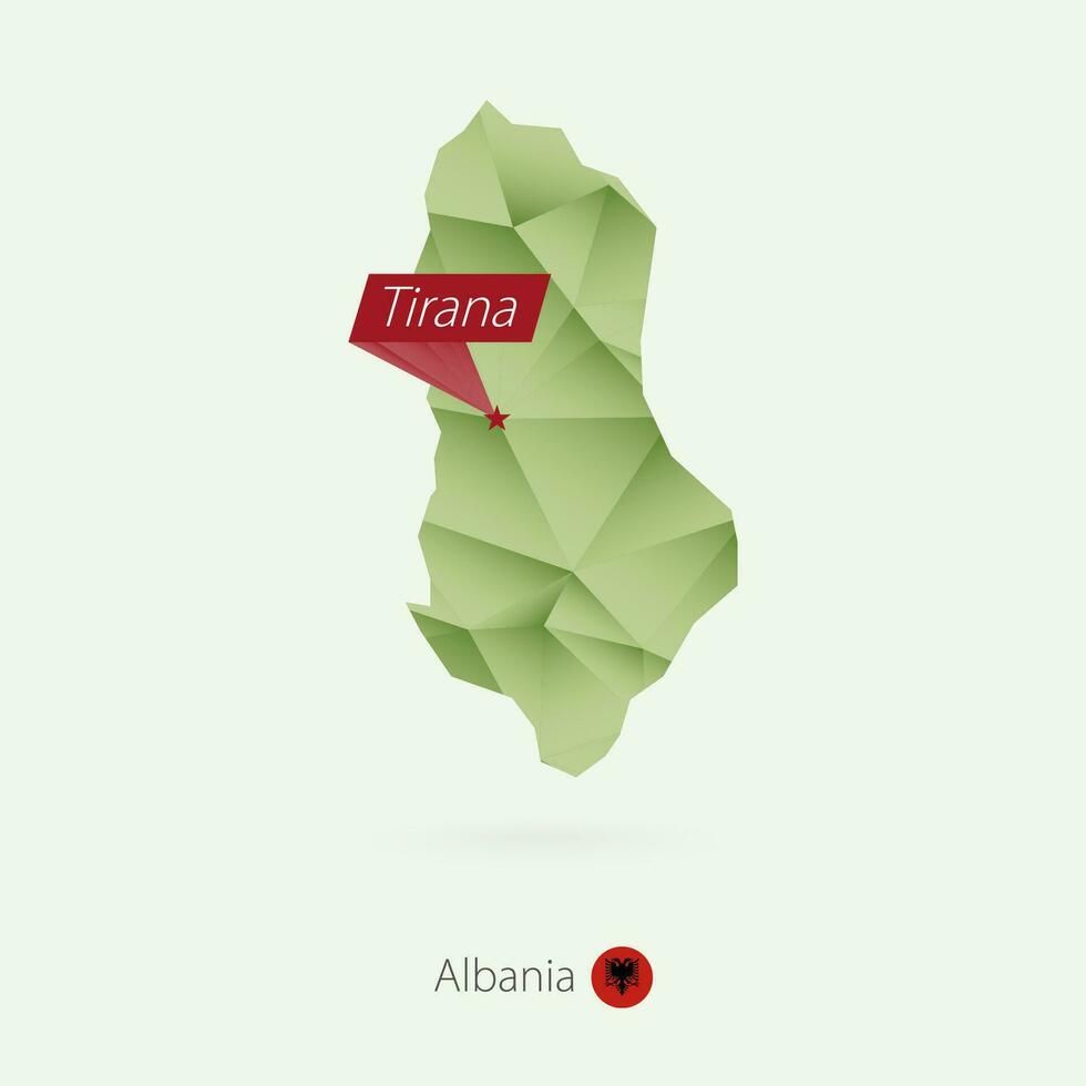 Green gradient low poly map of Albania with capital Tirana vector