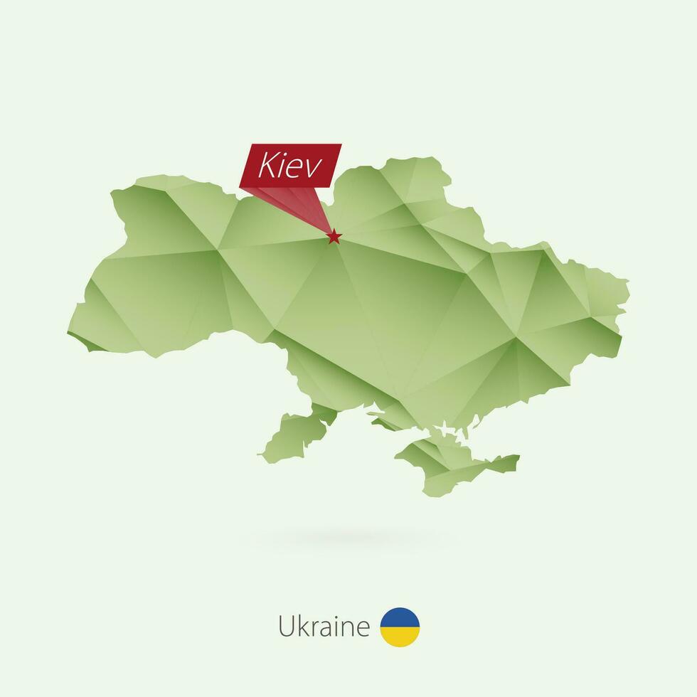 Green gradient low poly map of Ukraine with capital Kiev vector