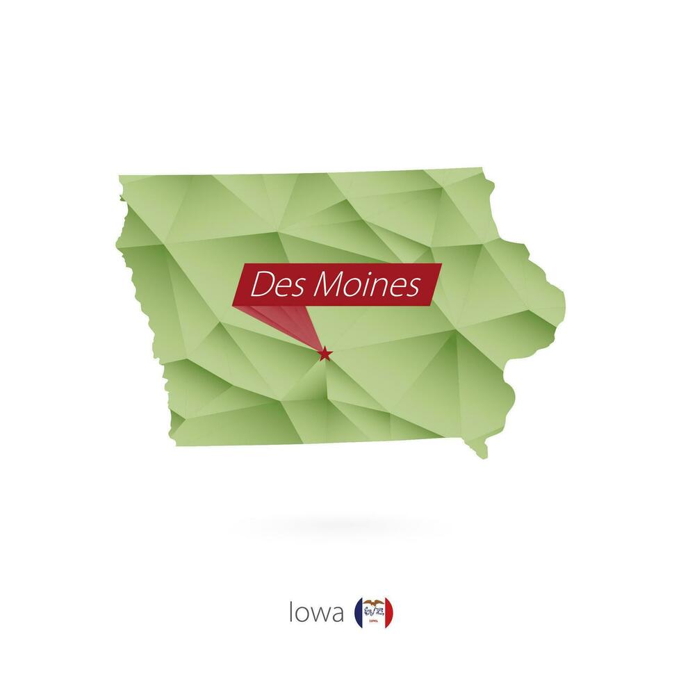 Green gradient low poly map of Iowa with capital Des Moines vector