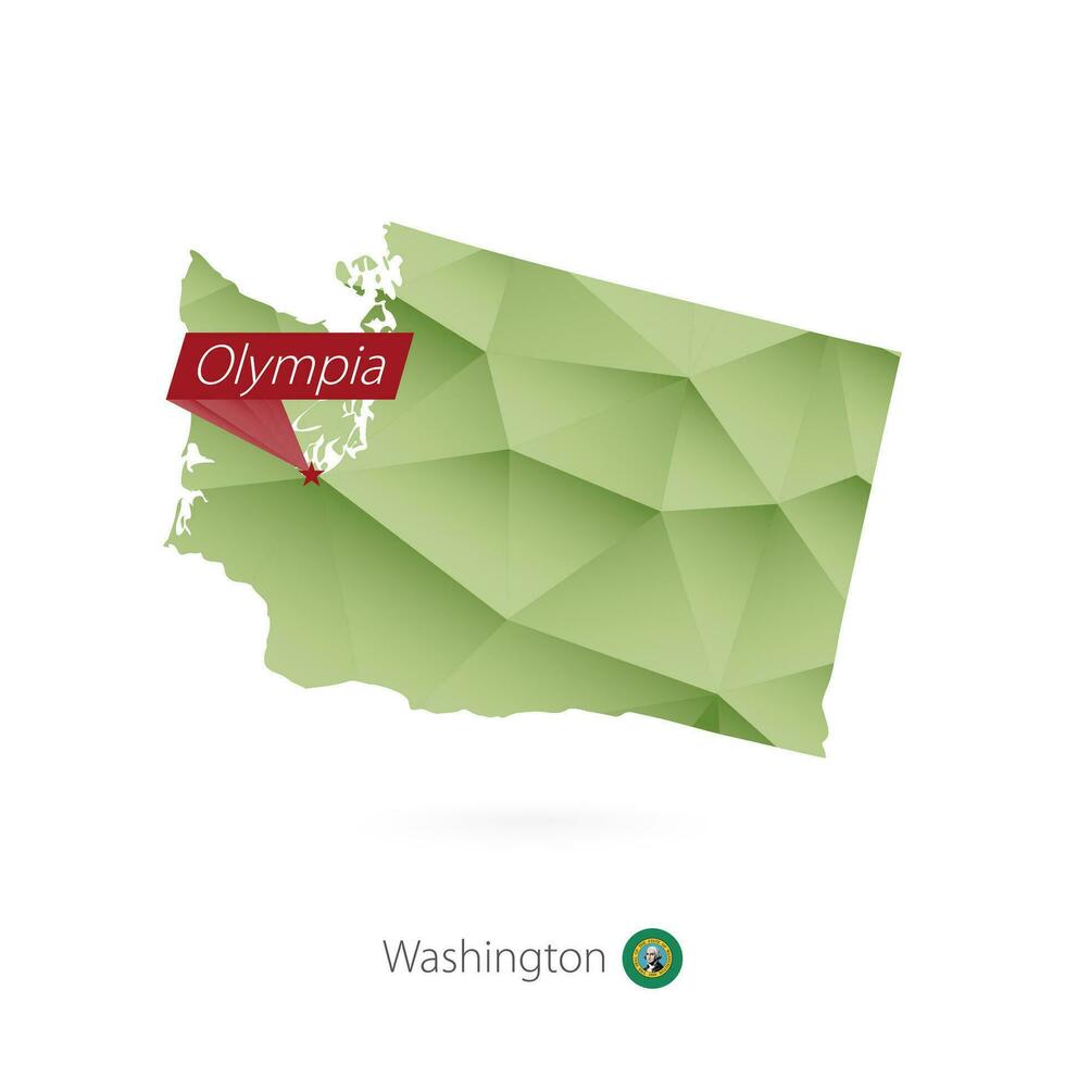 Green gradient low poly map of Washington with capital Olympia vector