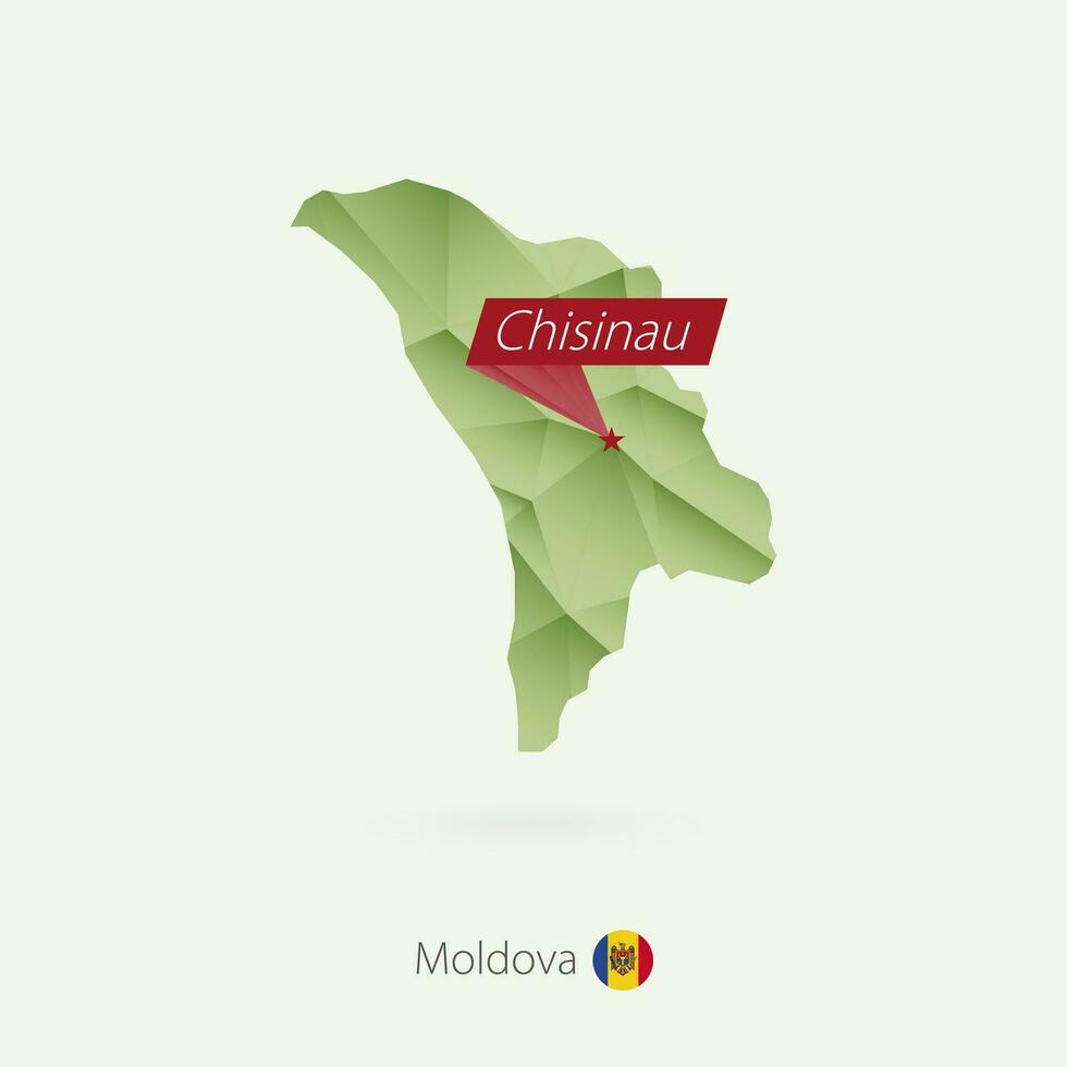 Green gradient low poly map of Moldova with capital Chisinau vector
