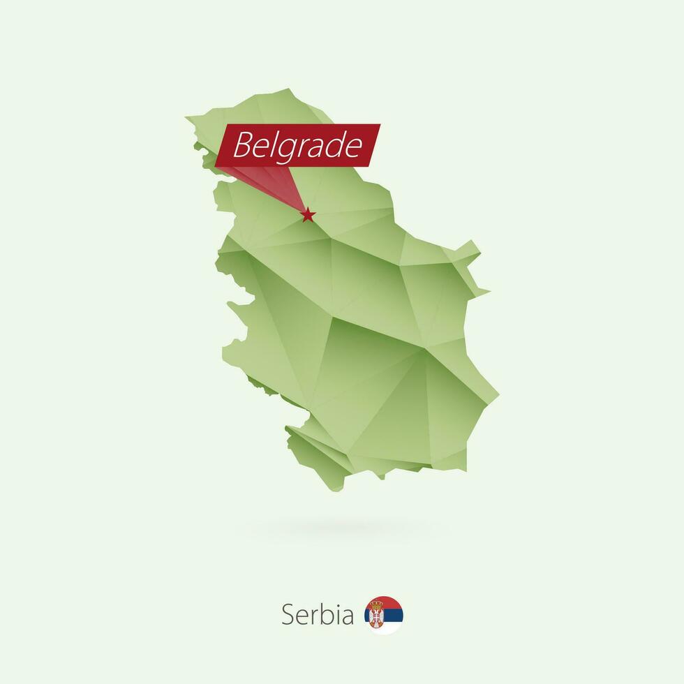 Green gradient low poly map of Serbia with capital Belgrade vector