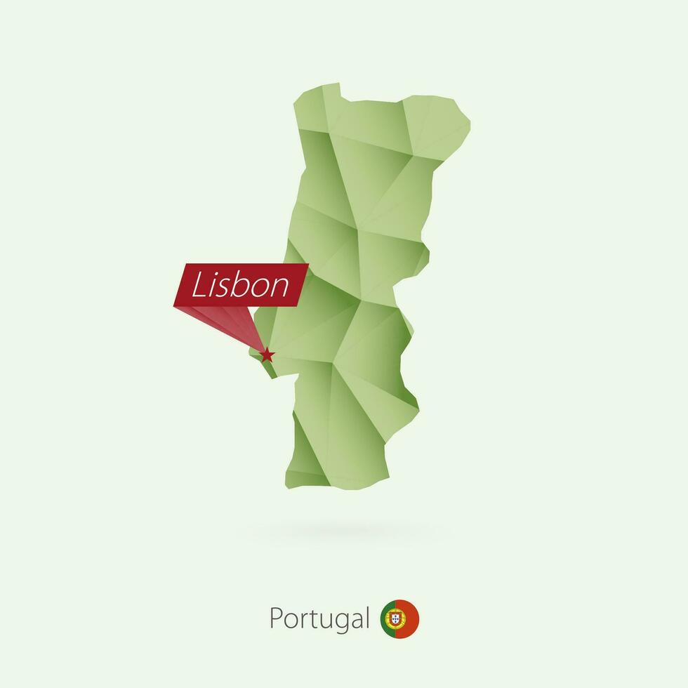 Green gradient low poly map of Portugal with capital Lisbon vector
