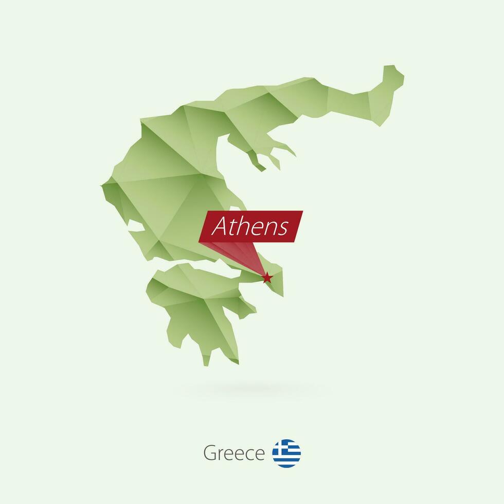 Green gradient low poly map of Greece with capital Athens vector
