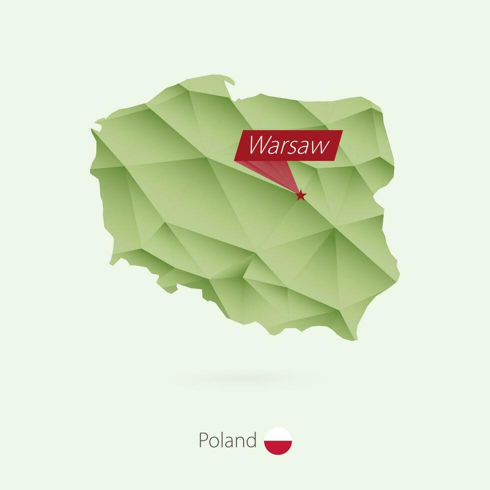 Green gradient low poly map of Poland with capital Warsaw vector