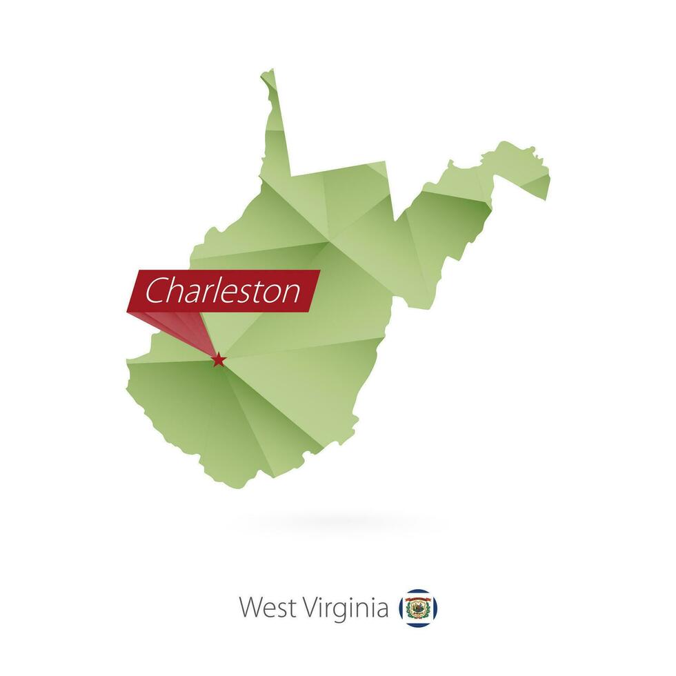 Green gradient low poly map of West Virginia with capital Charleston vector