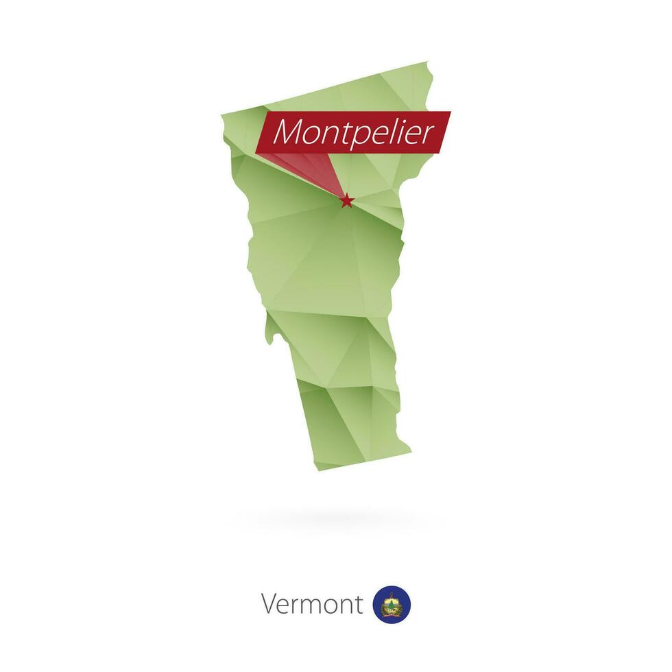 Green gradient low poly map of Vermont with capital Montpelier vector