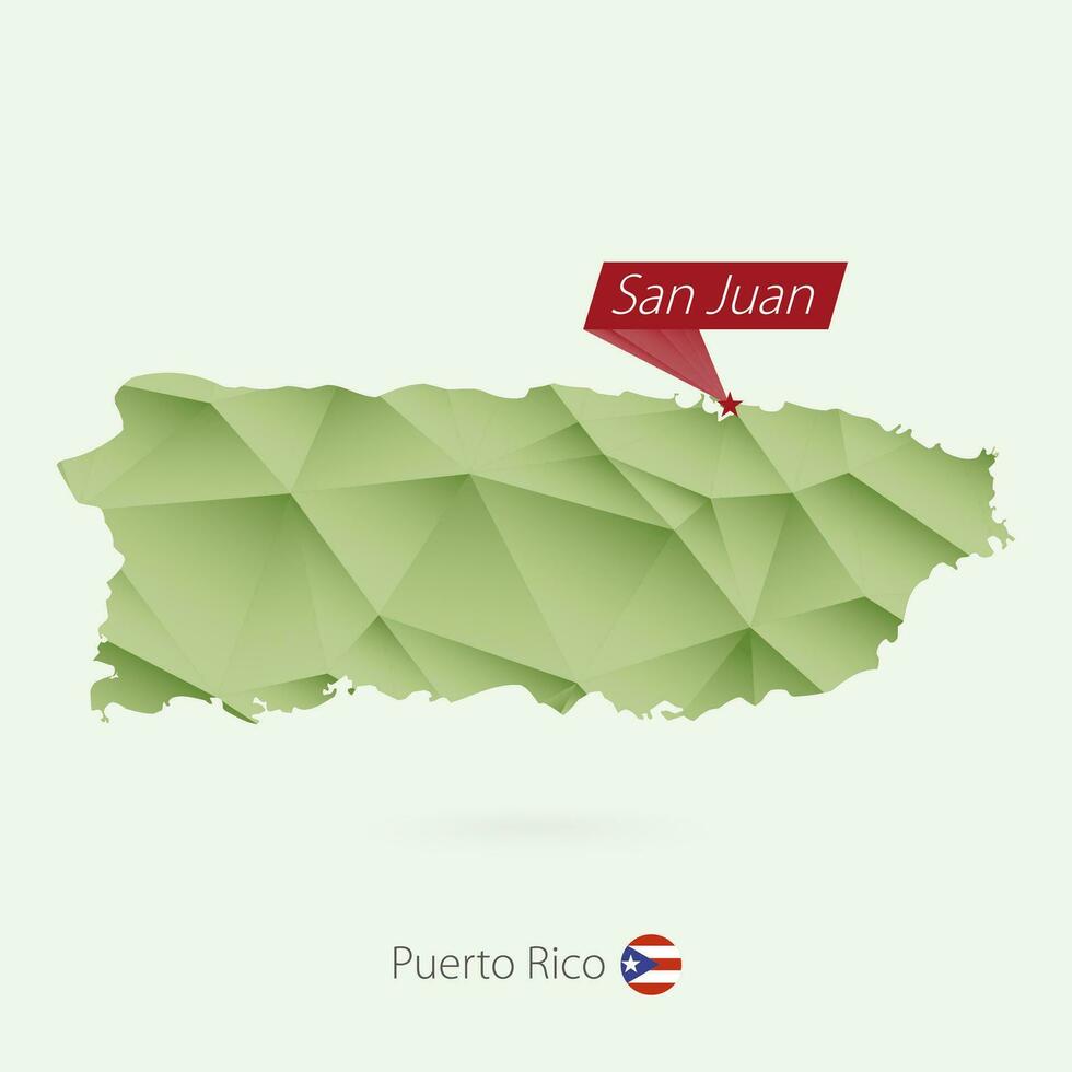 Green gradient low poly map of Puerto Rico with capital San Juan vector