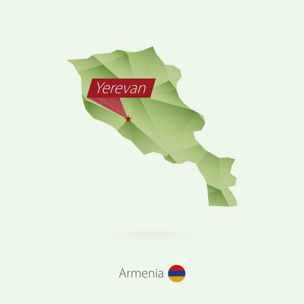 Green gradient low poly map of Armenia with capital Yerevan vector