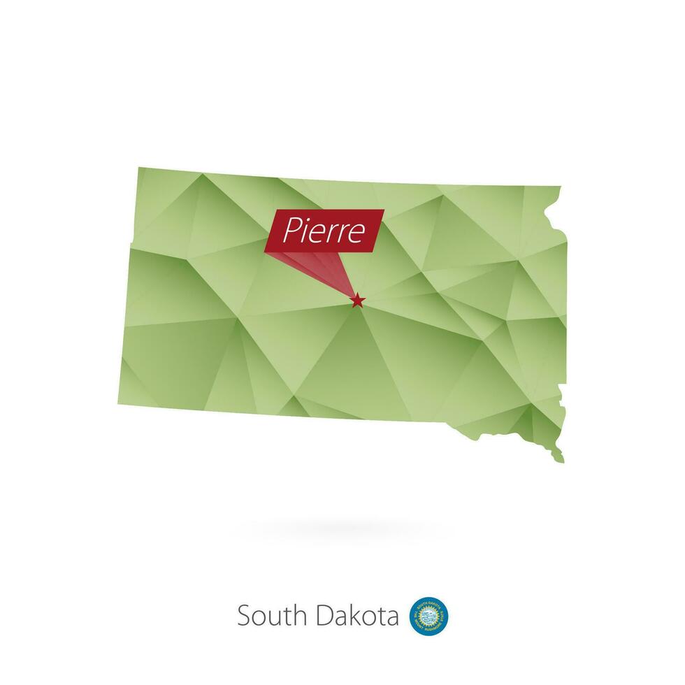 Green gradient low poly map of South Dakota with capital Pierre ...
