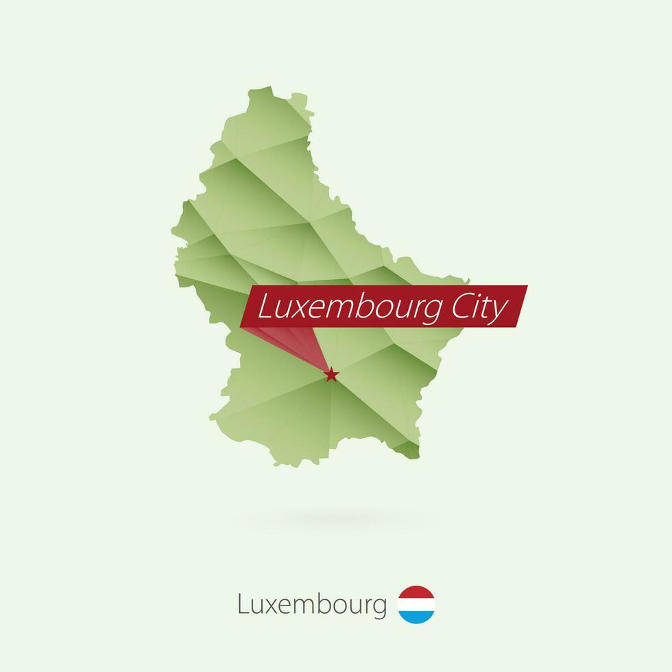 Green gradient low poly map of Luxembourg with capital Luxembourg City vector