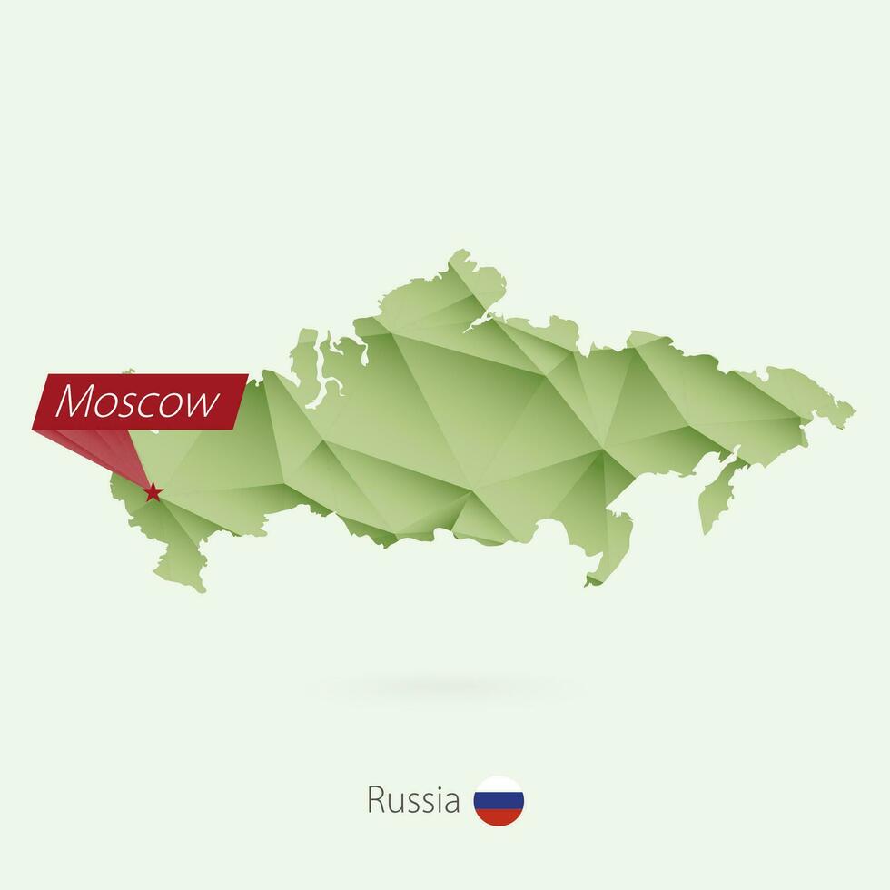 Green gradient low poly map of Russia with capital Moscow vector