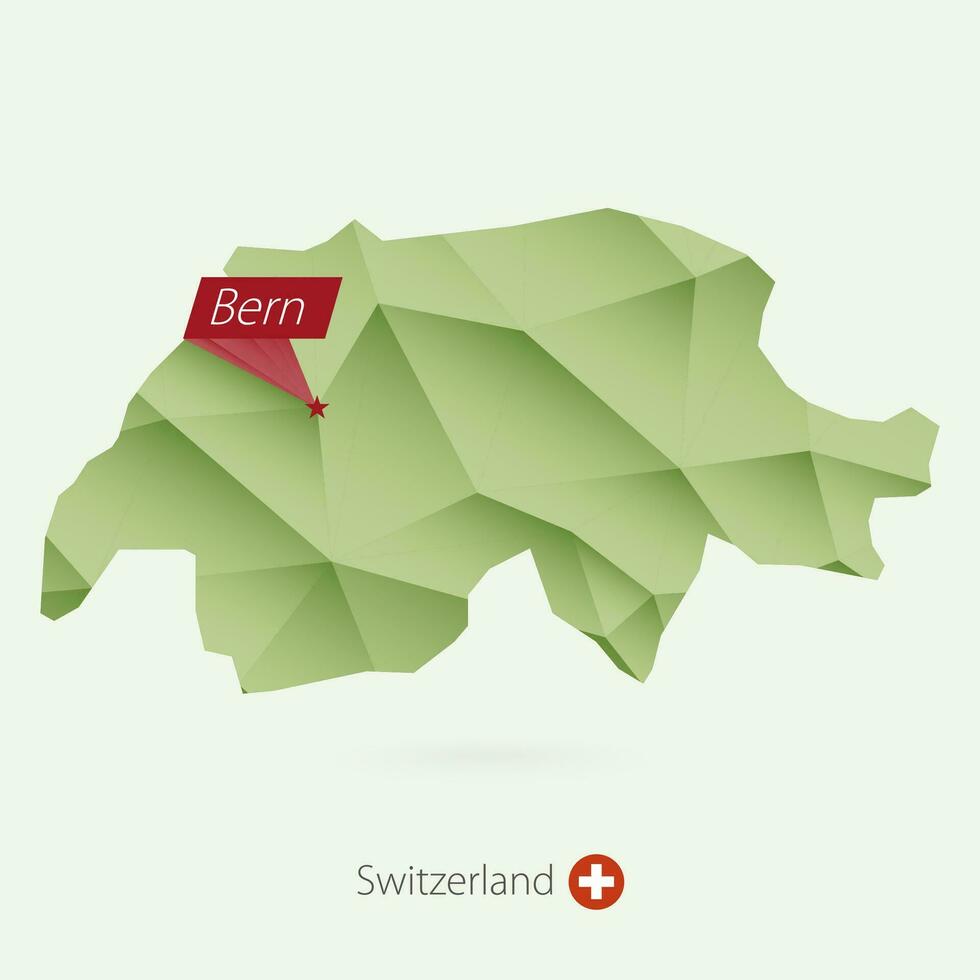 Green gradient low poly map of Switzerland with capital Bern vector