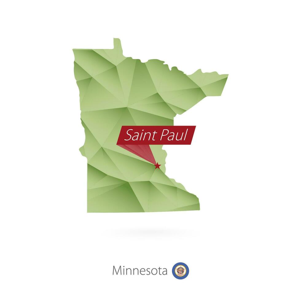 Green gradient low poly map of Minnesota with capital Saint Paul vector