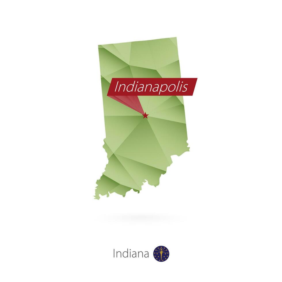 Green gradient low poly map of Indiana with capital Indianapolis vector