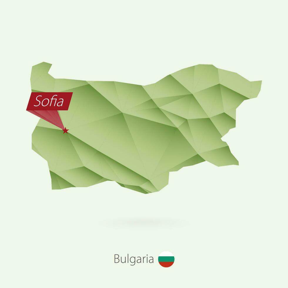 Green gradient low poly map of Bulgaria with capital Sofia vector