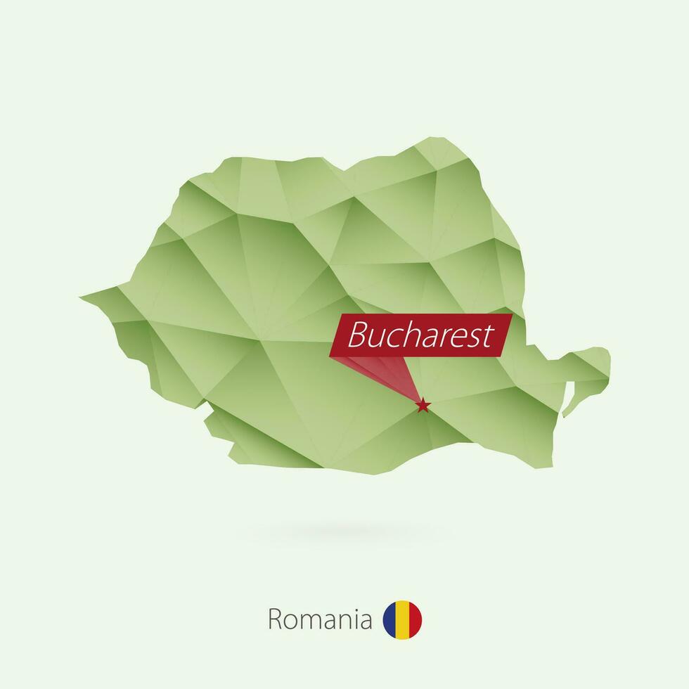 Green gradient low poly map of Romania with capital Bucharest vector