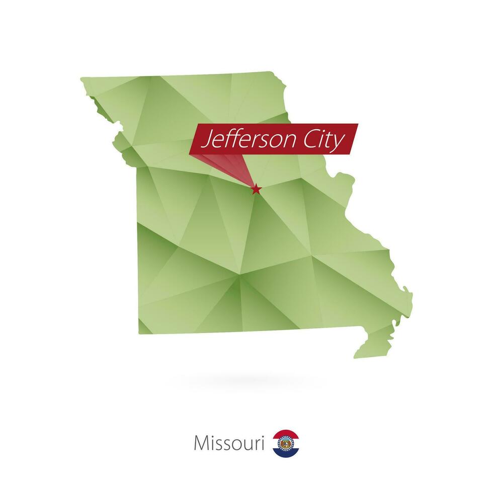 Green gradient low poly map of Missouri with capital Jefferson City vector
