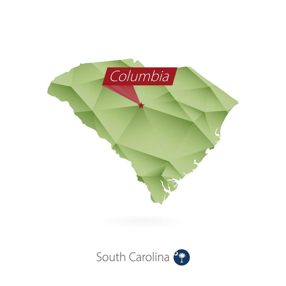 Green gradient low poly map of South Carolina with capital Columbia vector